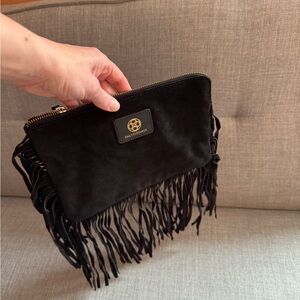 Black Suede Fringe Clutch